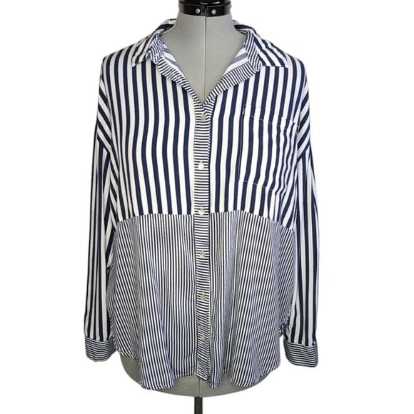 Jane and Delancey navy & white striped rayon button-front shirt, size XL - Picture 1 of 11